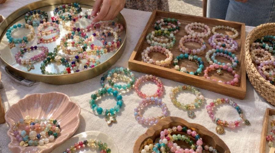 Colorful beaded gemstone bracelets displayed at a craft fair booth