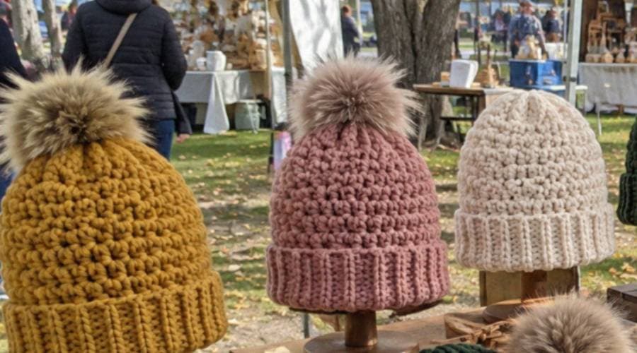 Chunky knit beanies with pom poms in mustard, pink, and cream