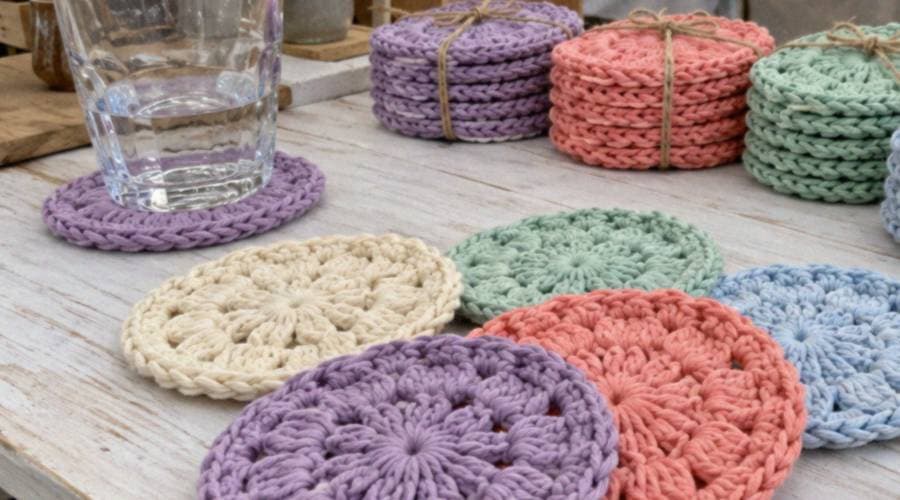 Colorful crochet coaster sets tied with twine on a market table