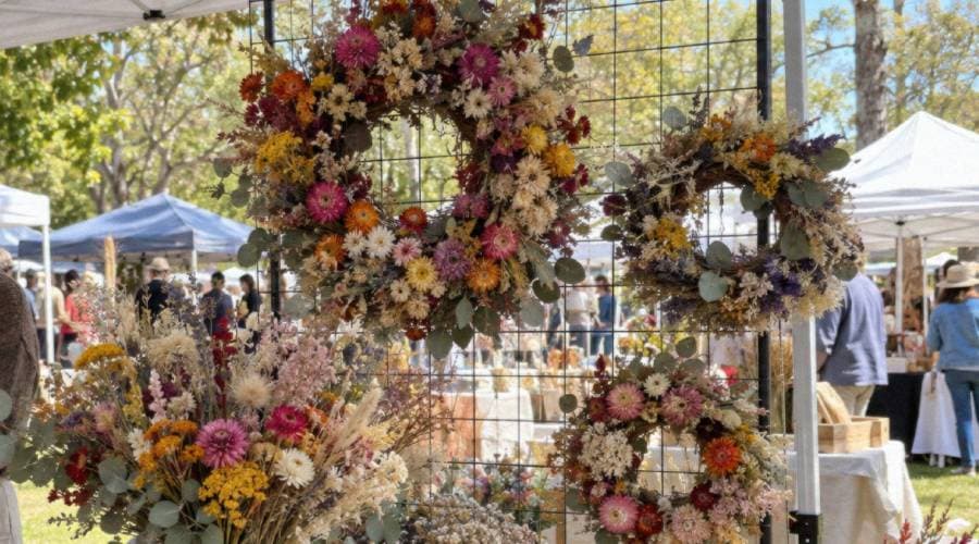 Colorful dried flower wreaths displayed on a wire grid backdrop