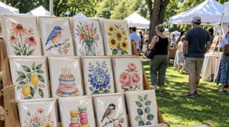 Illustrated greeting cards featuring flowers and birds displayed in a wooden rack