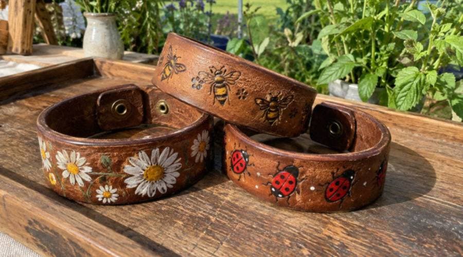 Hand-painted leather cuff bracelets with bee, daisy, and ladybug designs