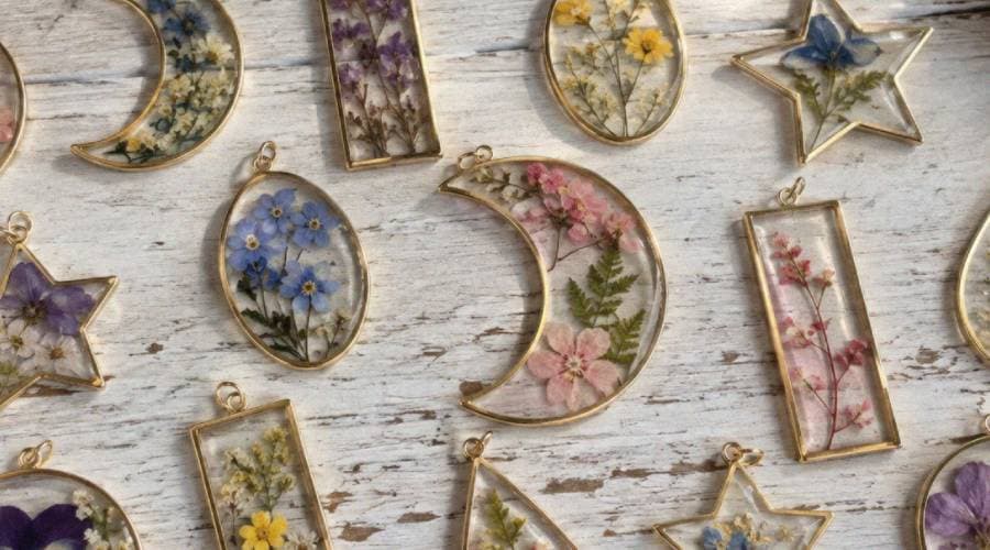 Resin pendants with pressed flowers in moon, star, and oval shapes