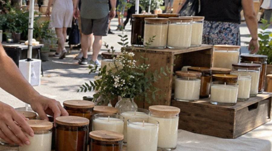 Soy candles in amber and white glass jars with wooden lids on display crates