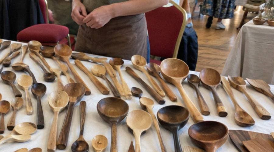 Handmade wooden spoons and spatulas in various shapes and wood tones
