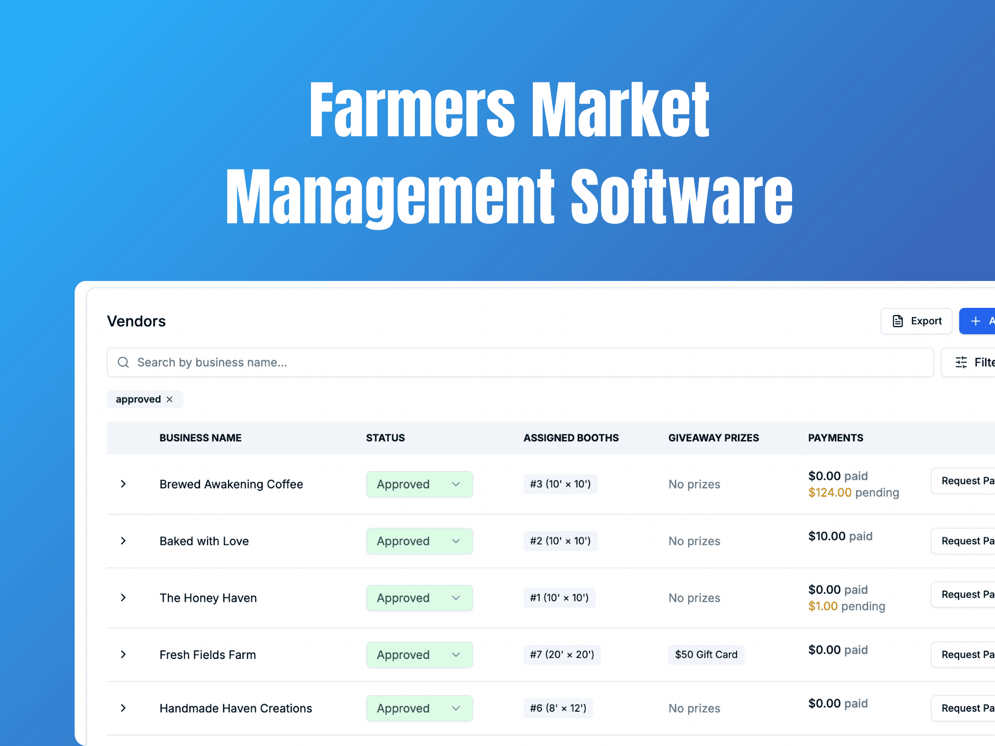 Farmers market management dashboard showing vendor applications and booth management