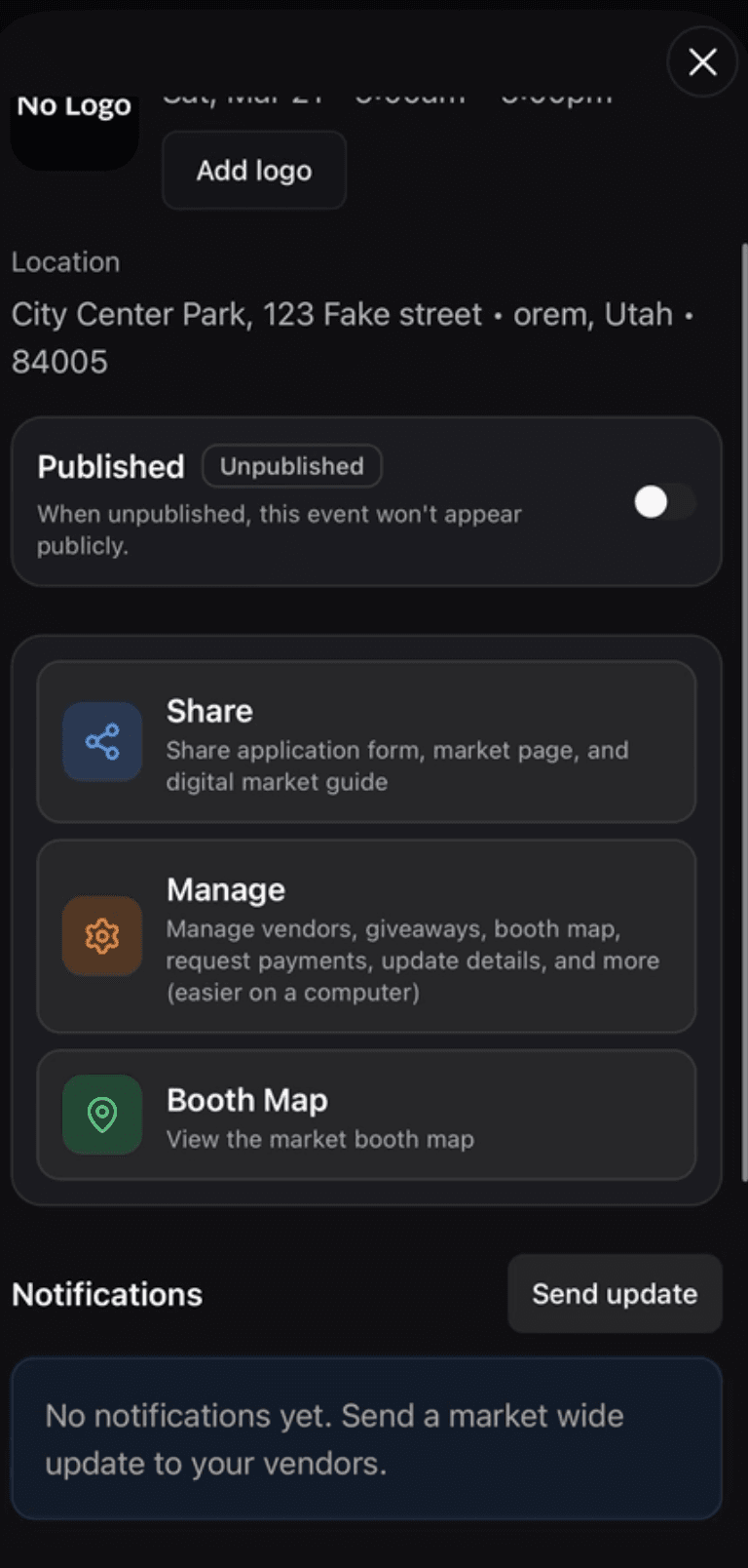 Market host managing event details