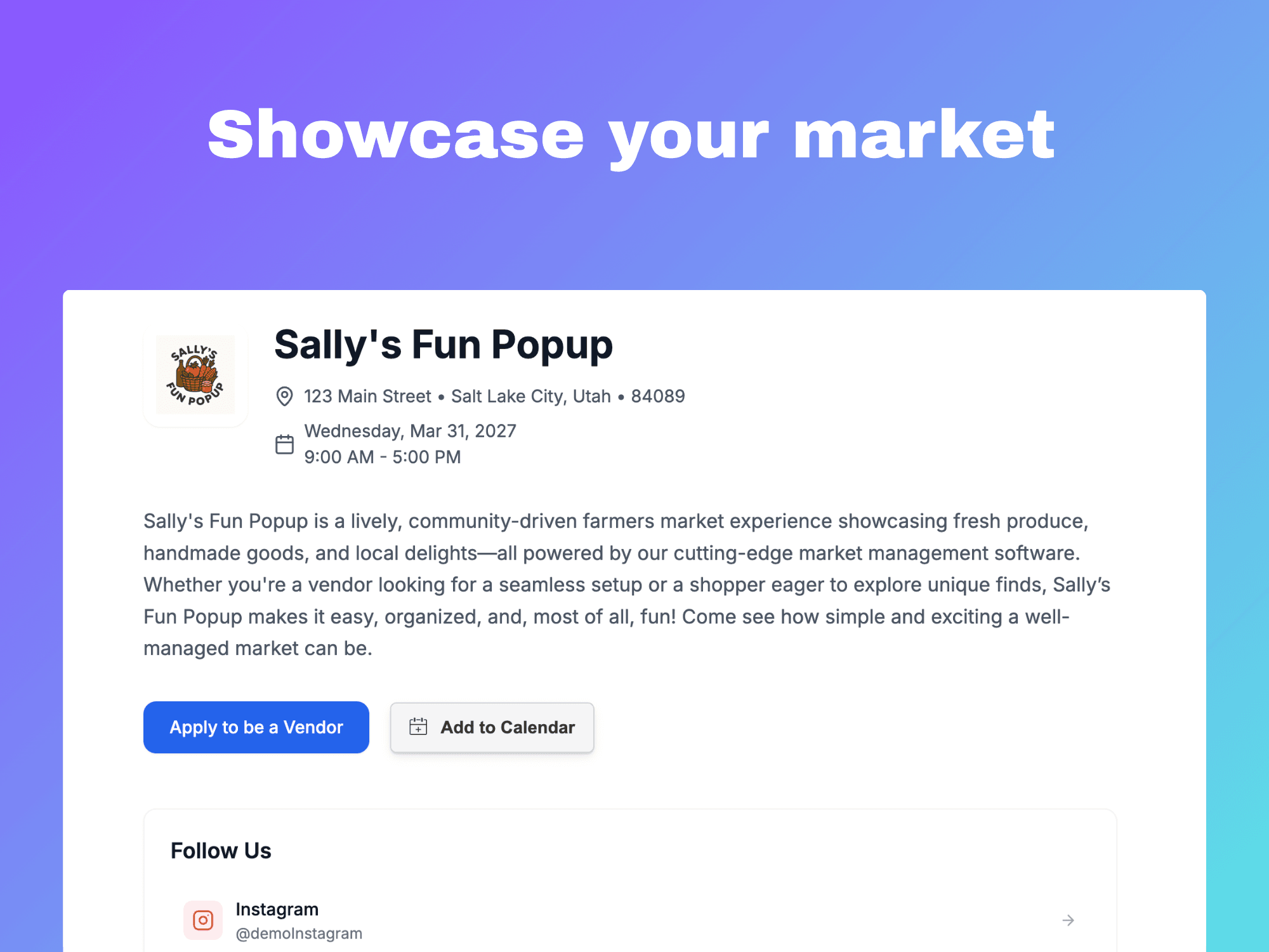 Example of a market page showing vendor listings and event details