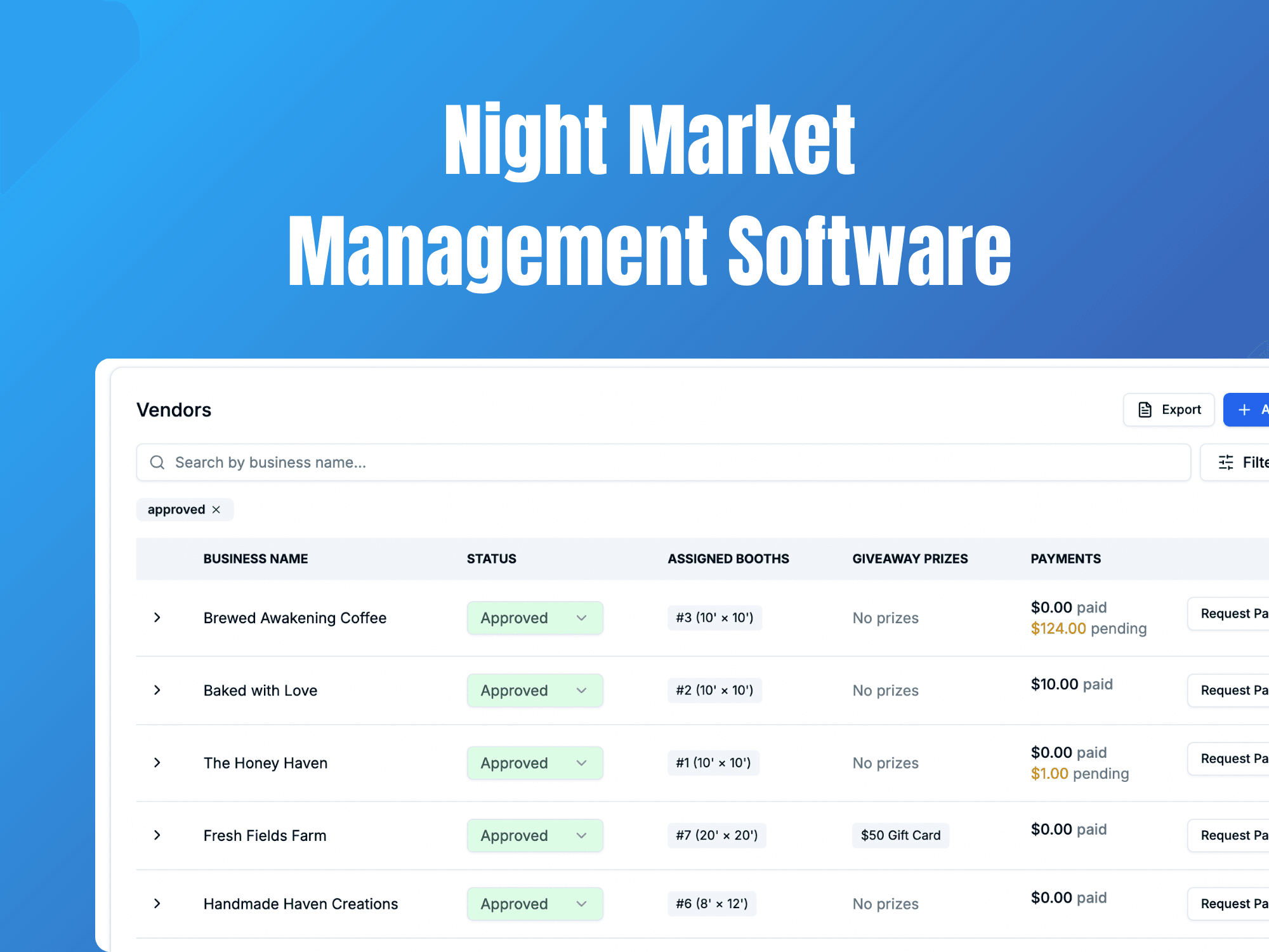 Night market management dashboard showing vendor management and space planning