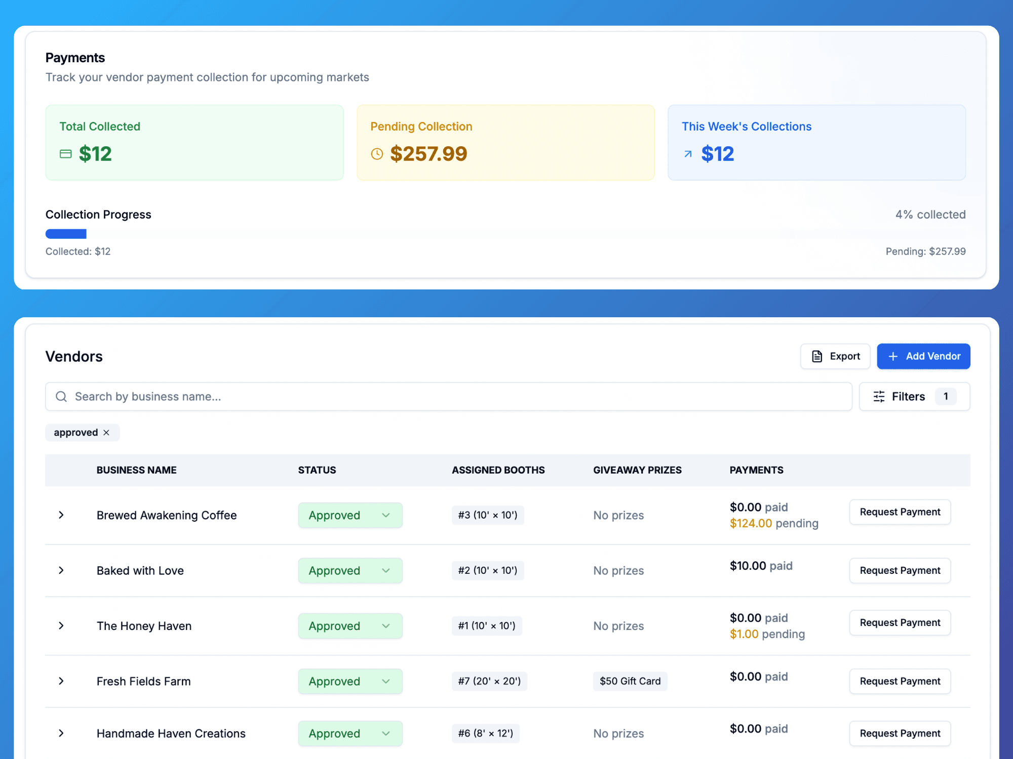 Payment dashboard showing vendor payment status and history