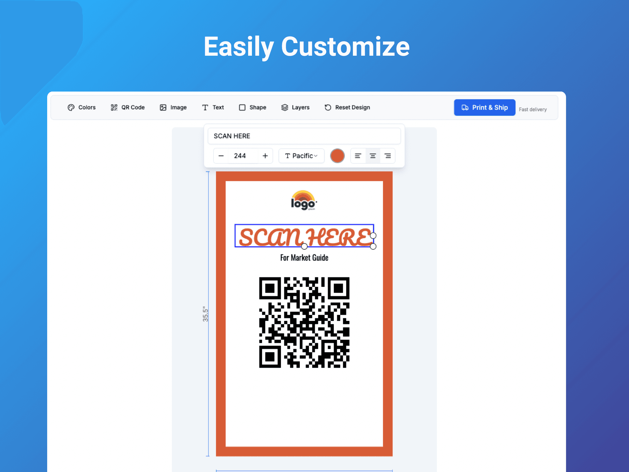 Print product customization interface showing template editing