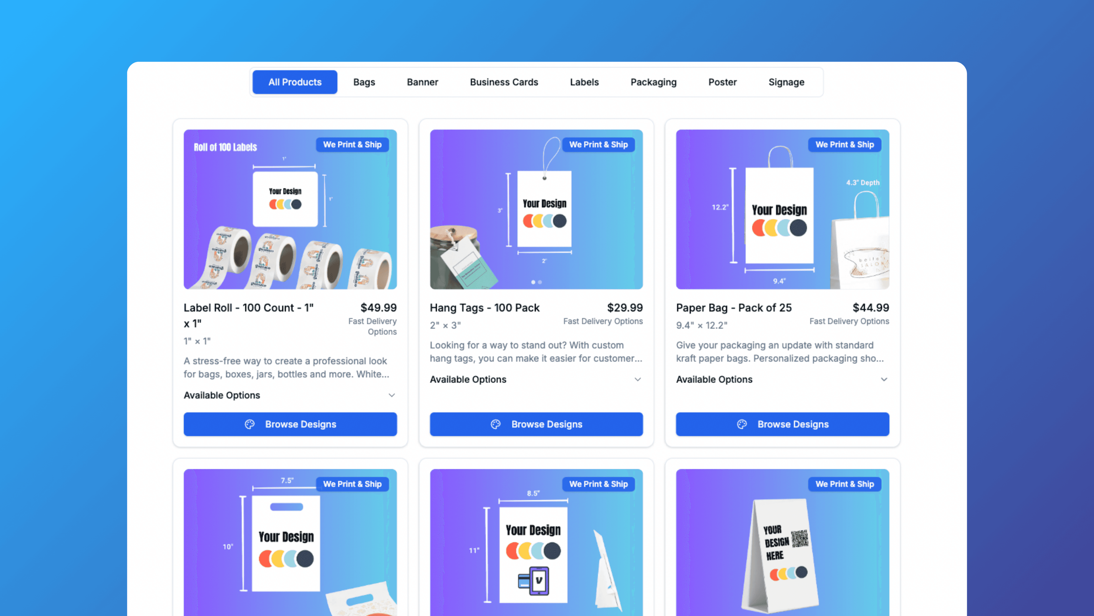 Collection of print products including signs, banners, and vendor materials