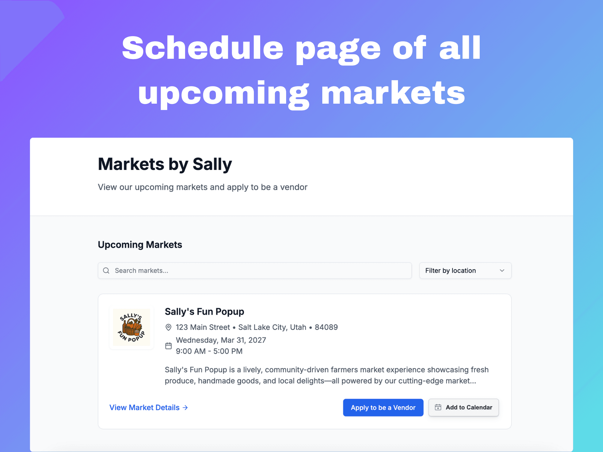 Market schedule page showing upcoming market dates and details
