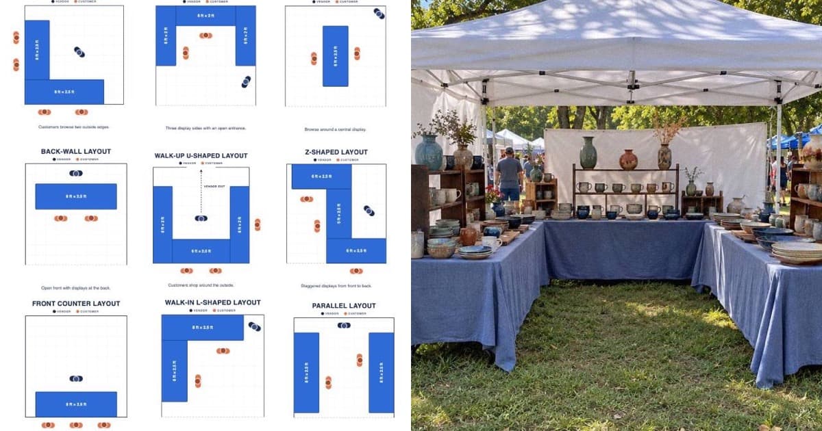 Nine vendor booth layout diagrams next to a photo of a pottery vendor's craft fair booth