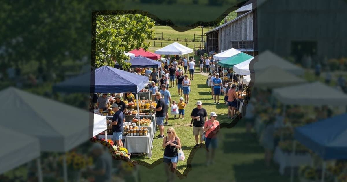 Shoppers and vendor tents at an Ohio farmers market, framed within an outline of the state of Ohio